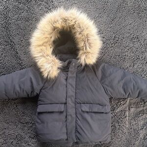 Zara Gray Puffer Jacket with Faux Fur Hood